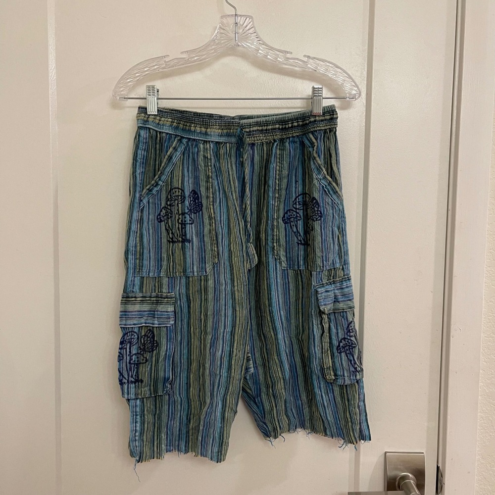 International Rising Distressed Mushroom Shorts Granola Hippie Boho Blue Stripes